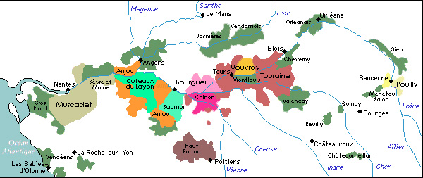 carte des régions viticoles de la vallée de la Loire